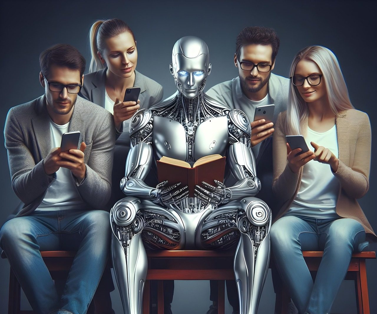 ai generated, robot, reading, humanoid, social networks, artificial intelligence, smartphone, book