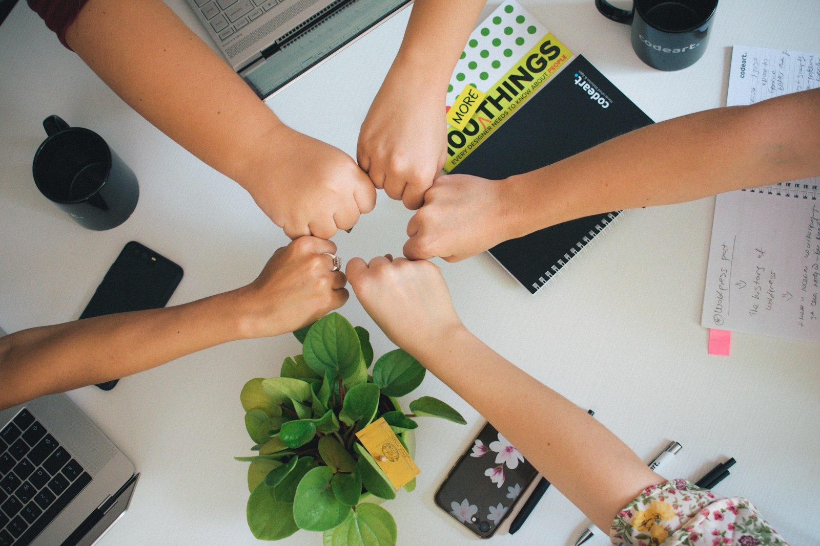 Photo by Antonio Janeski five fists bumping over office desk